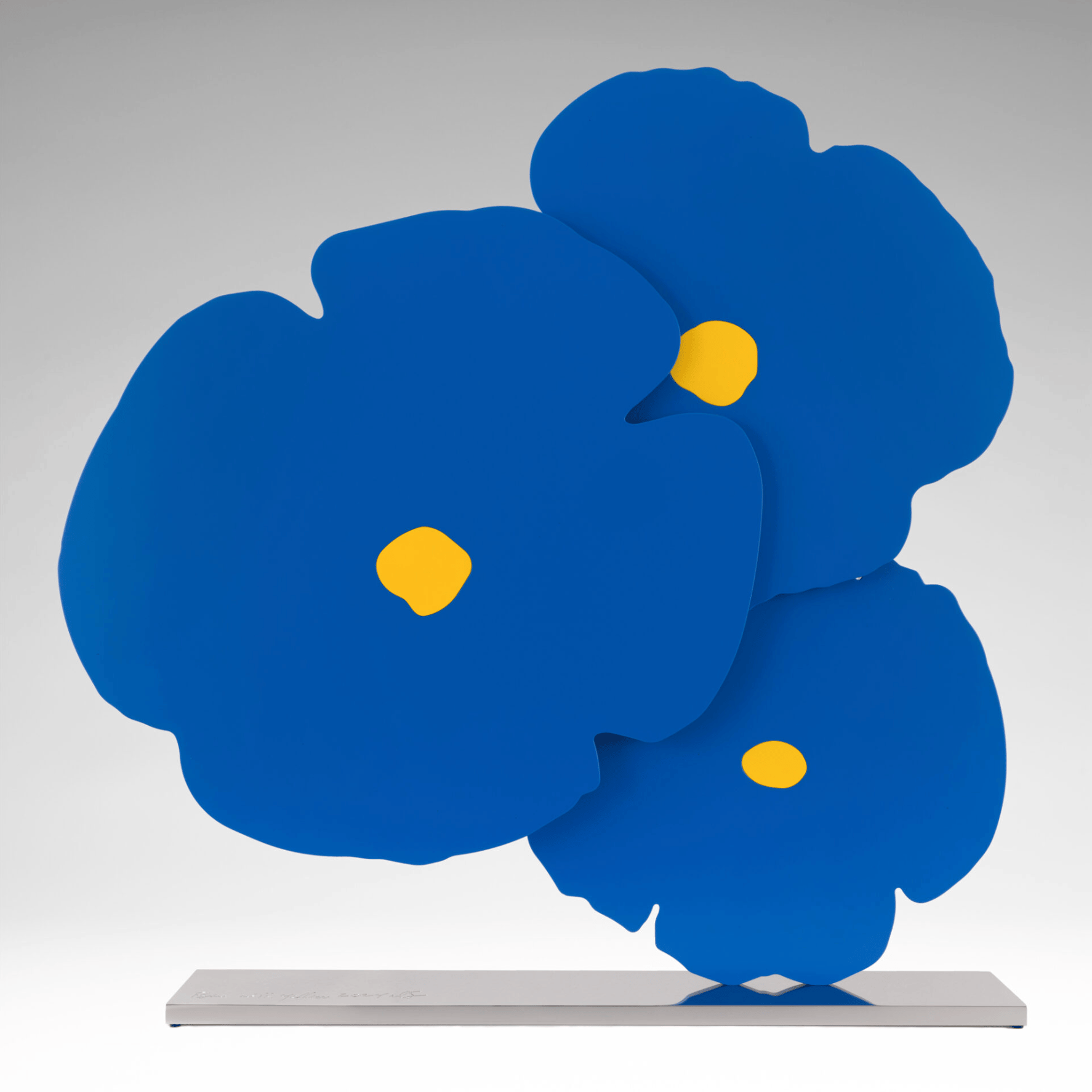 Donald Sultan - Blue with Yellow, 2024, 2024, Painted aluminum and stainless steel centers, mounted on polished stainless ...