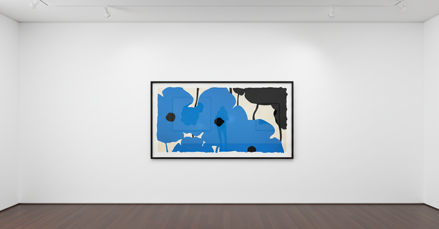 Donald Sultan - Blues and Blacks, 2020, Silkscreen with enamel inks, flocking, and tar- like texture on Rising 4-ply Museu...