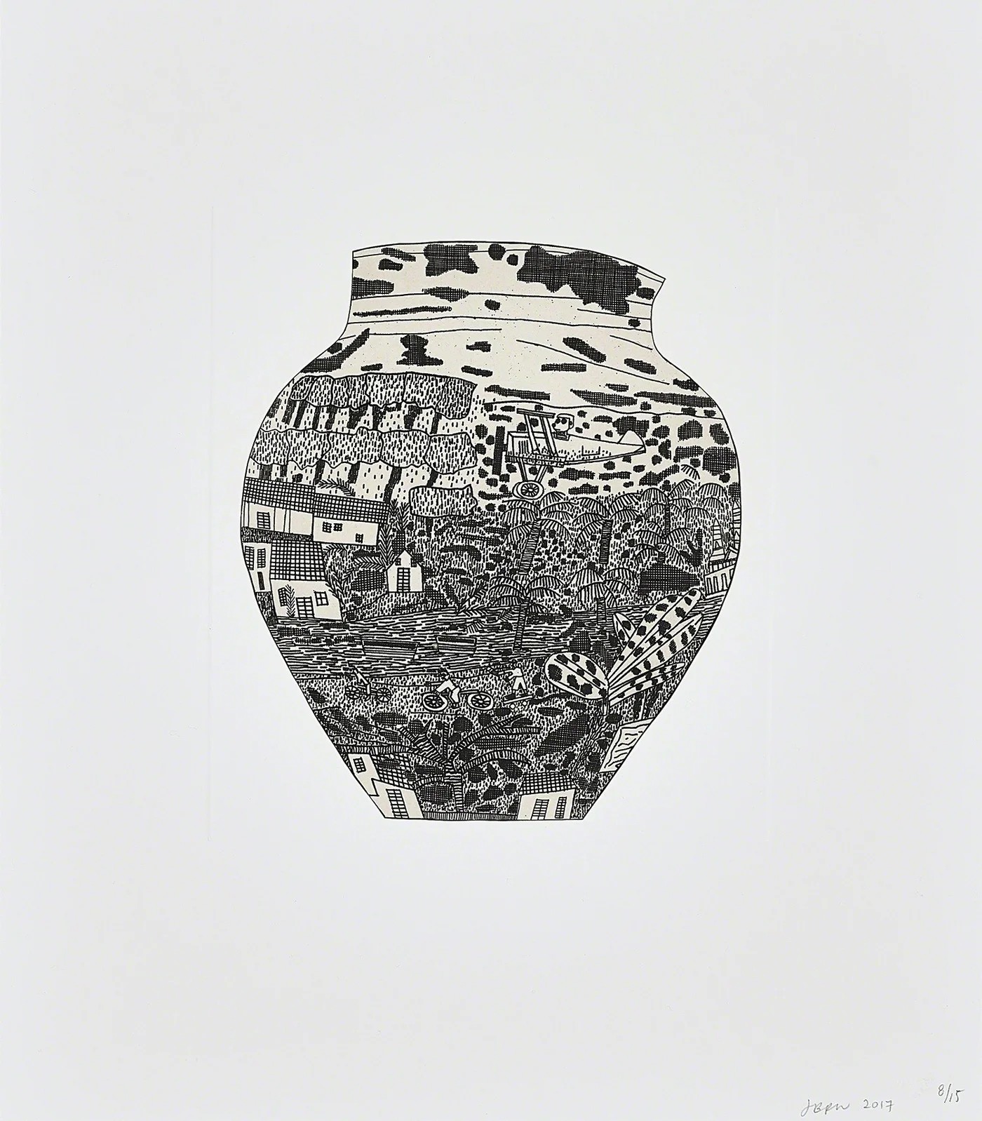 Jonas Wood - 8 Pots (2), 2017, Chin-collé etching on somerset paper