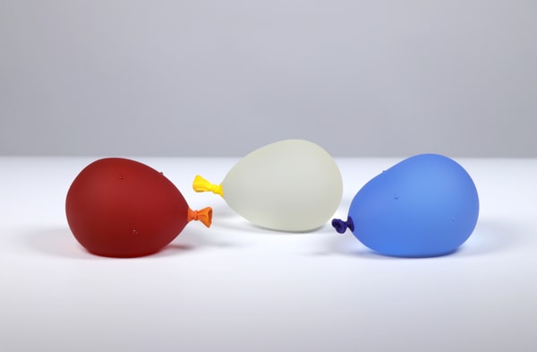 Dylan Martinez - Water Balloon Trio 3- Sunset Orange w/ droplets, Lemonade, Cool Breeze w/ droplets, 2026, Glass Sculpture...