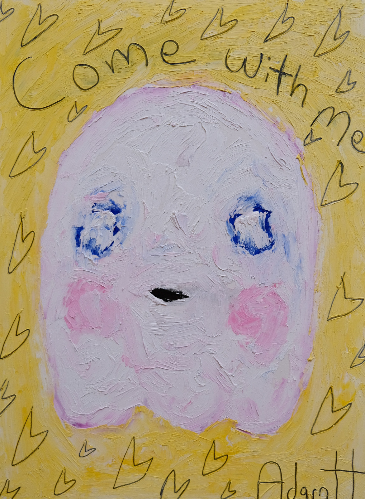 Adam Handler - Come With Me Ghost, 2021, Oil stick and pencil on heavy weight paper
Framed in a white 1 in. frame, ¾ in fl...