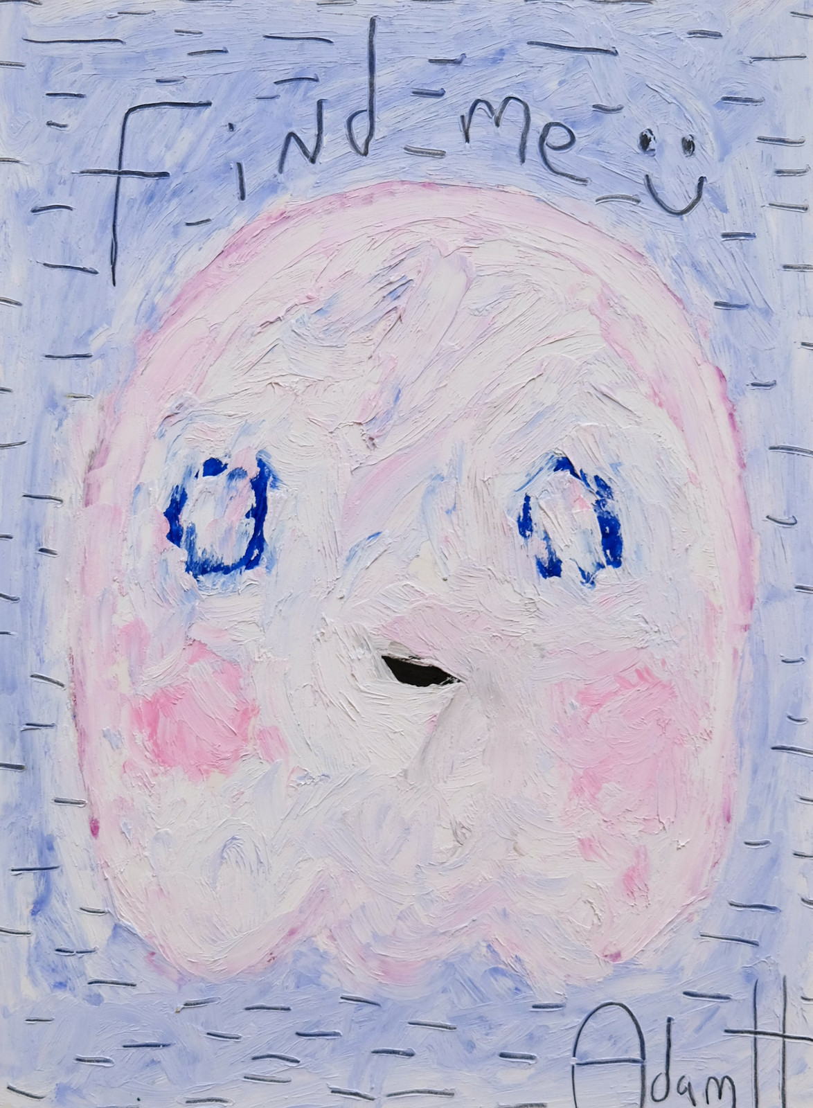 Adam Handler - Find Me Ghost, 2021, Oil stick and pencil on heavy weight paper
Framed in a white 1 in. frame, ¾ in float m...