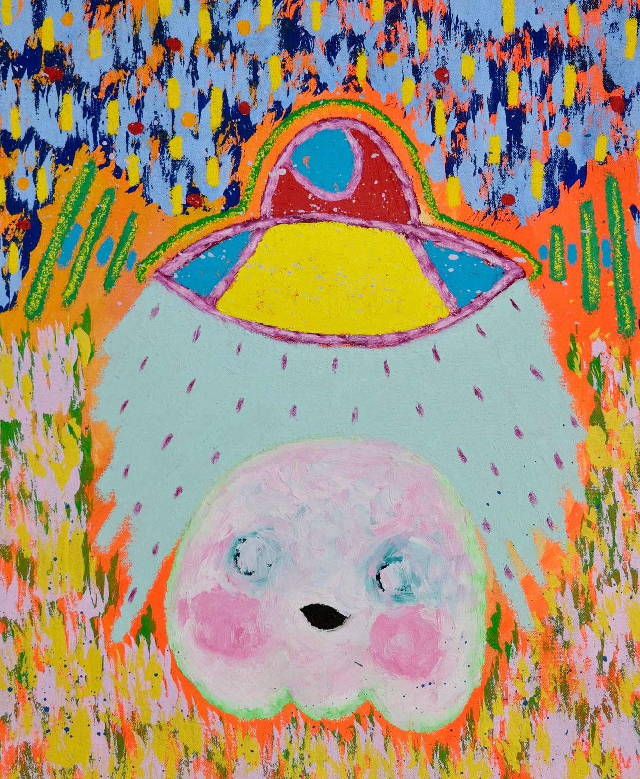 Adam Handler - Ghost Abduction in 1987, 2023, Oil stick, acrylic and pencil on canvas