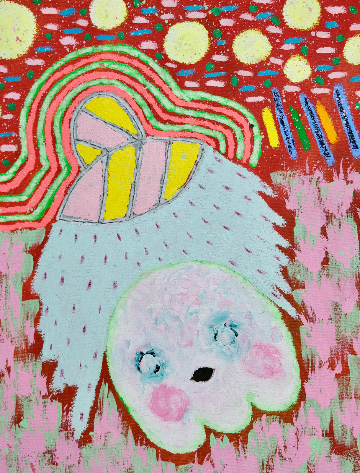 Adam Handler - Ghost Abduction in Bizarro World, 2023, Oil stick, acrylic and pencil on canvas
