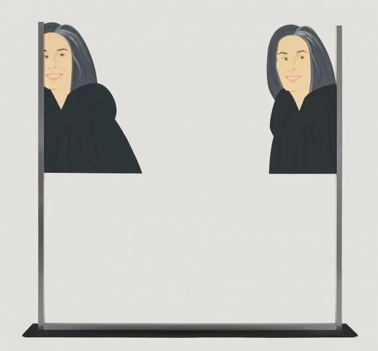 Alex Katz - Double Ada, 2016, Silkscreen inks printed on shaped aluminum panels (front and back),
attached to brushed alu...