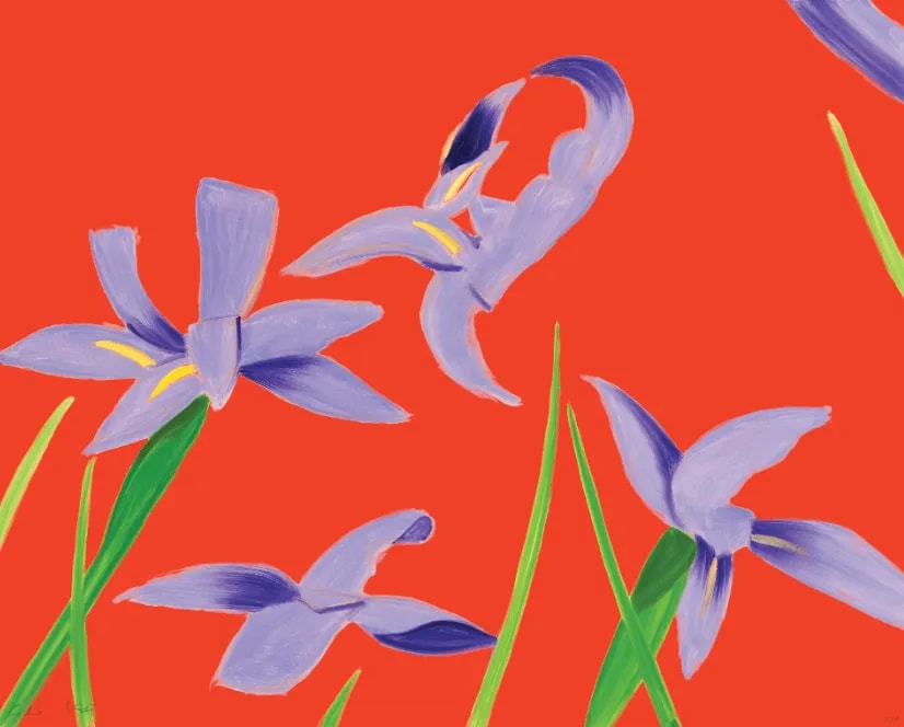Alex Katz - Purple Irises on Red, 2023, Archival pigment ink print, on Innova Etching Cotton Rag 315 gsm