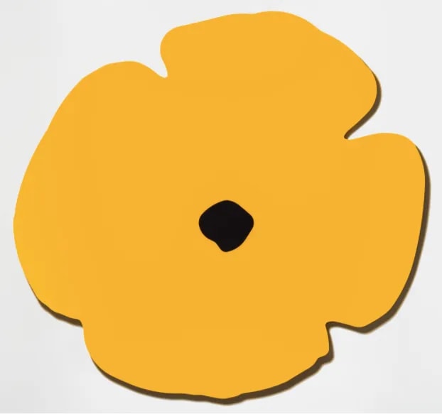 Donald Sultan - Yellow Wall Poppy, Shaped aluminum with blue powder coat and flocking