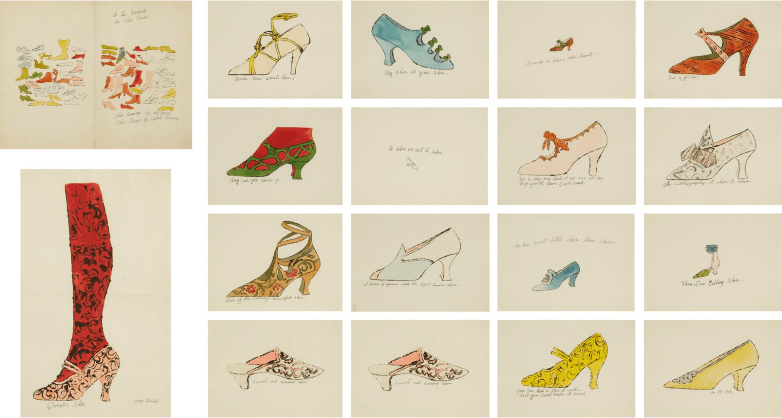 Andy Warhol - A La Recherche Du Shoe Perdu F.S. IV 69A-83A, 1955, The complete set of 16 offset lithographs on paper with ...