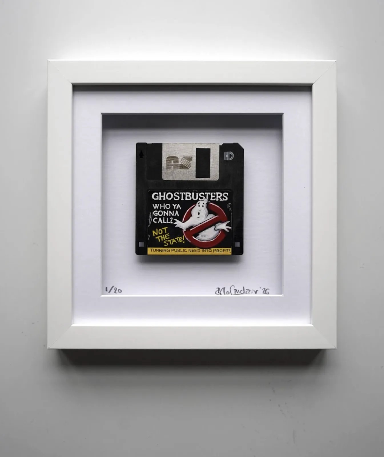 Arlo Sinclair - Ghostbusters: Public Need Into Profit - 3.5” Black, 2026, Hand-painted retro floppy disk: acrylic paint, p...