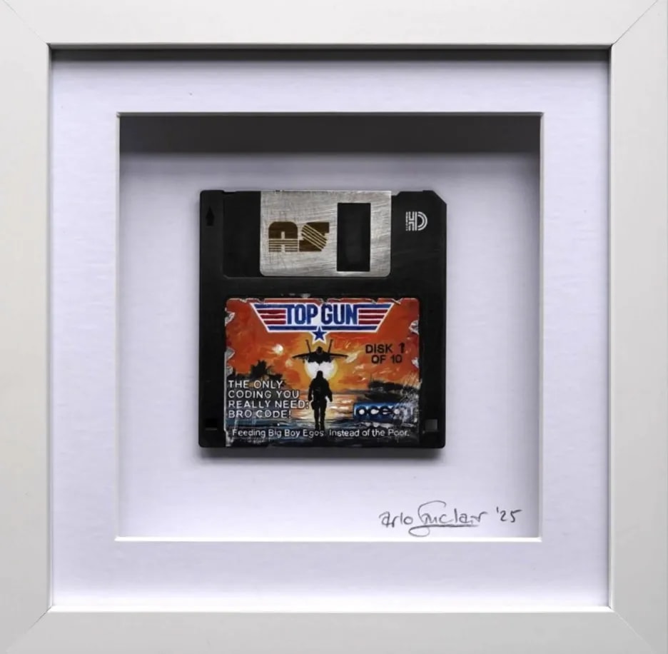 Arlo Sinclair - Top Gun: Bro Egos - 3.5” Black, 2025, Hand-painted retro floppy disk: acrylic paint, plastic disk,
alumini...