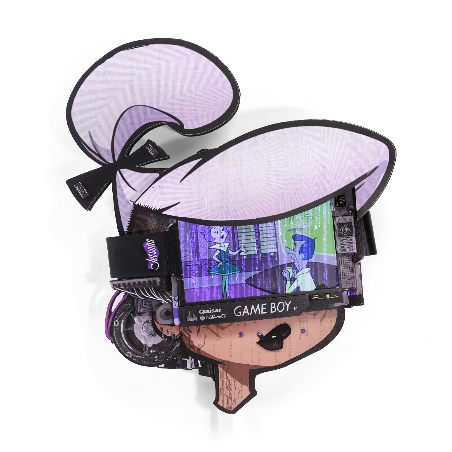 Connor Gottfried - Judy 3077, 2025, Aluminum composite panelling, leather straps, 19” IPS screen, video player