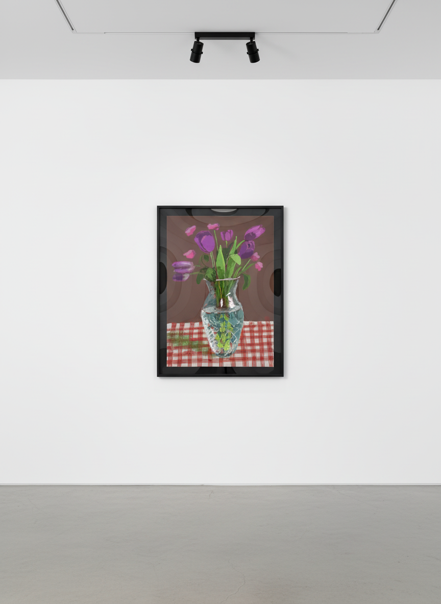 David Hockney - 16th March, Tulips in Cut Glass, 2021, iPad painting printed on paper