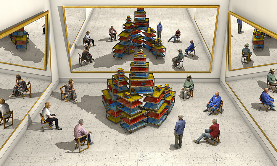 David Hockney - Viewers Looking at a Ready-made with Skull and Mirrors, 2018, Photographic drawing printed on paper, mount...