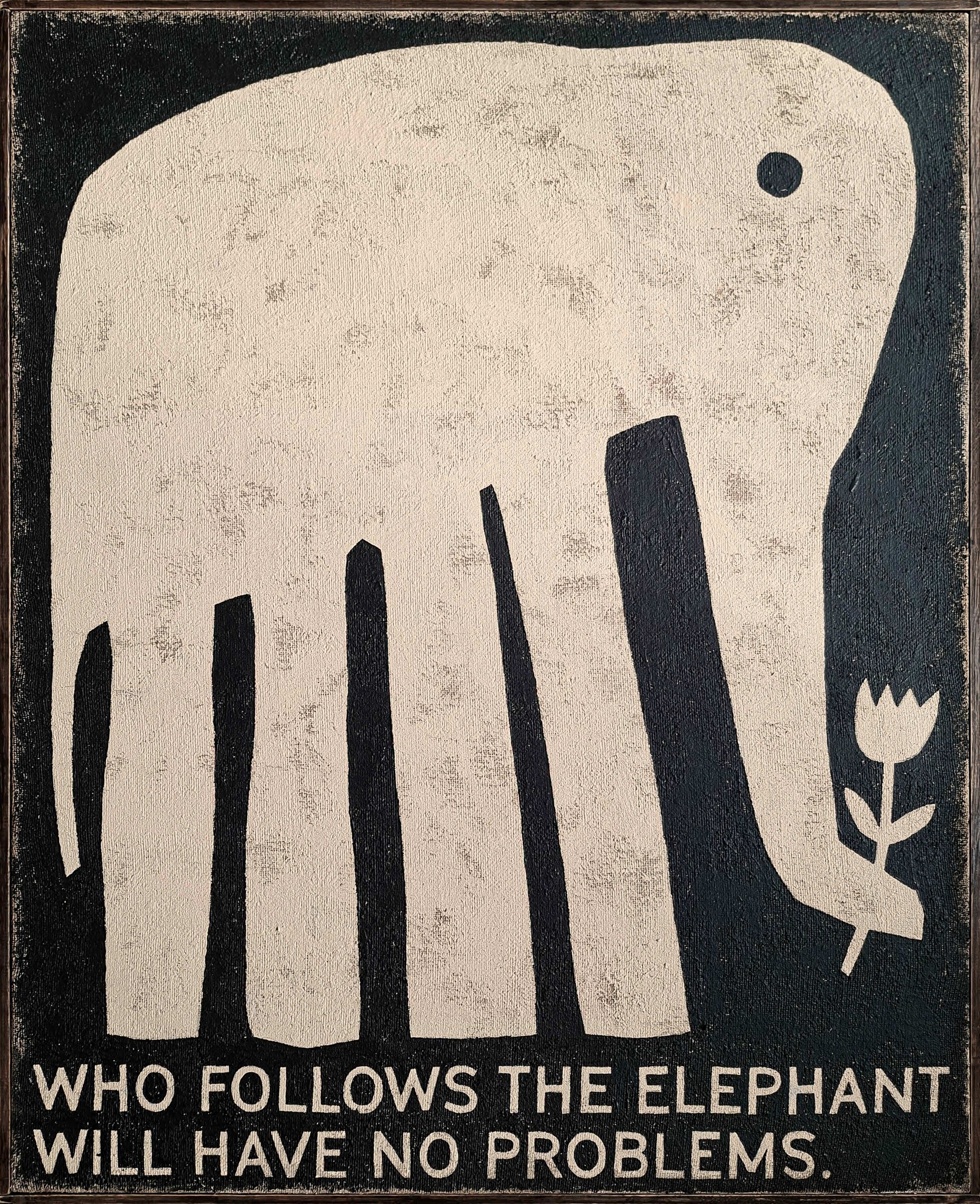 David Schmitt - Who Follows The Elephant, 2026, Mixed Media on Raw Acrylic Canvas | Hand-Framed with Oak