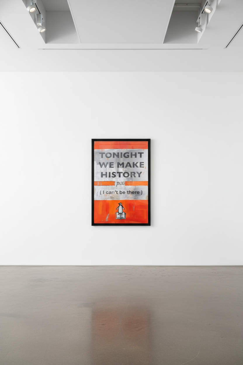 Harland Miller - Tonight We Make History (P.S. I can’t be there), Orange (XXL version), 2024, Etching with block printing
...