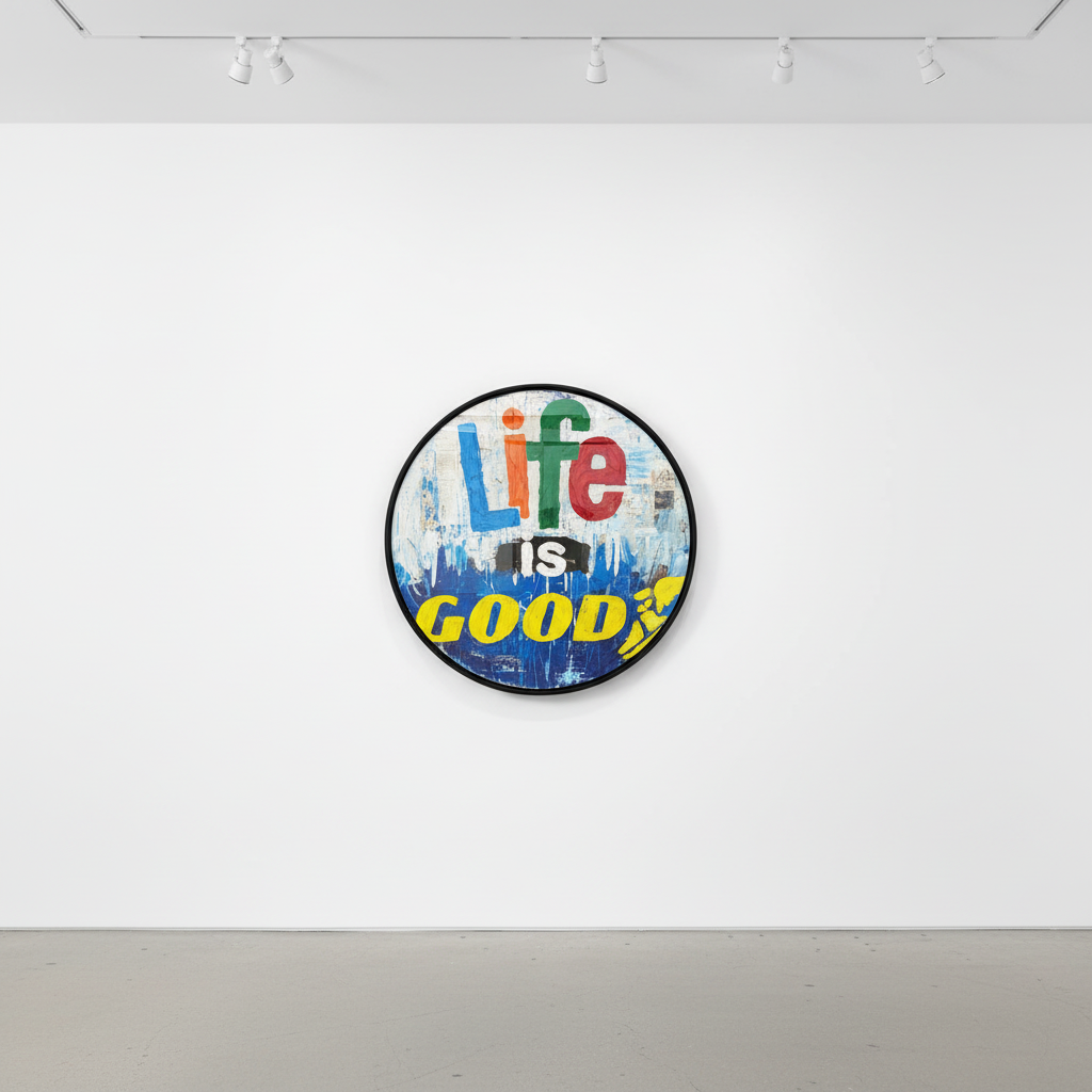 Jojo Anavim - Life is Good (Tondo), 2022, Acrylic, Collage and Heavy Texture on Wood Panel