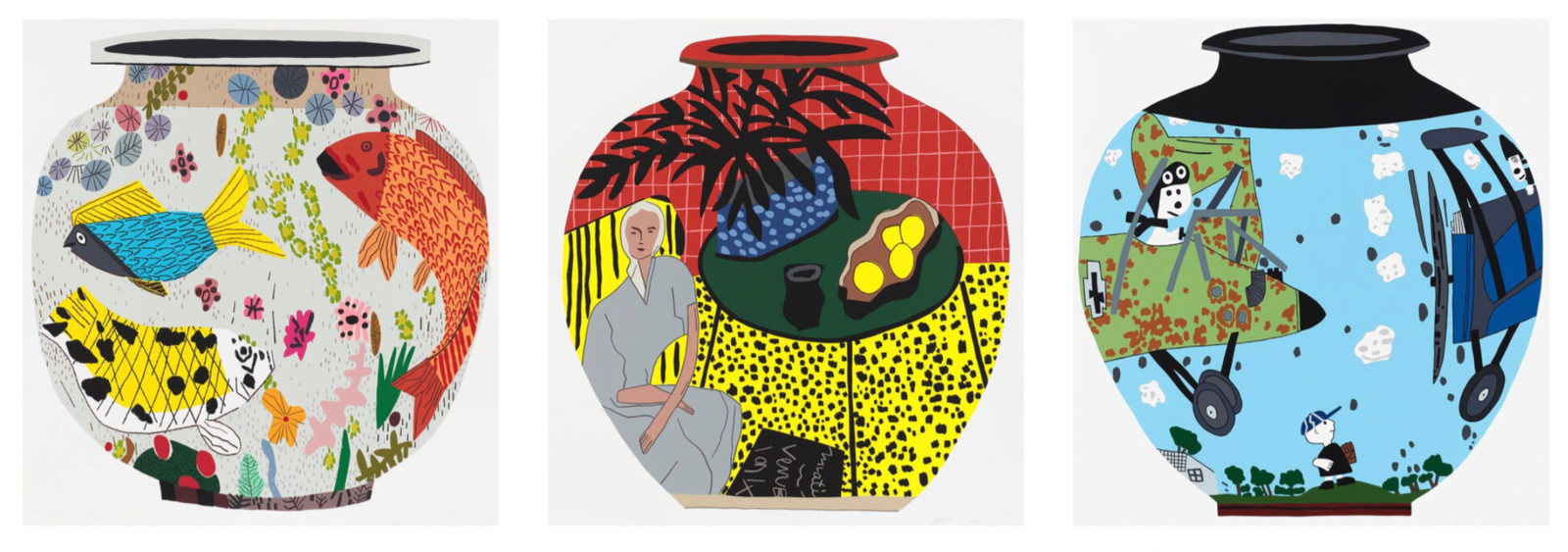 Jonas Wood - Fish Pot; Matisse Pot 4; Snoopy Pot, Fish Pot: 36-colour screen print on Rising Museum Board
Matisse Pot: 18...