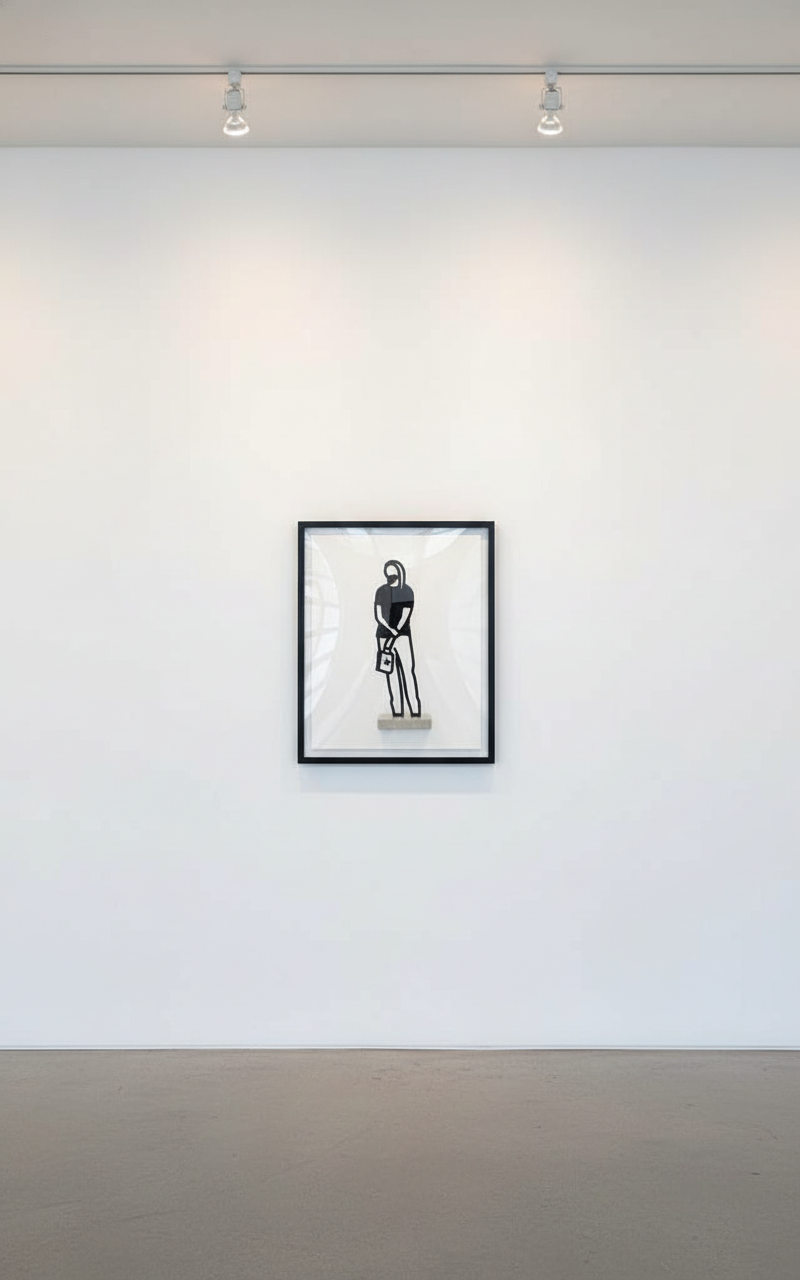 Julian Opie - Boston Statuettes: Long Hair, 2020, Freestanding patinated black bronze figure on Crema Grey light stone base