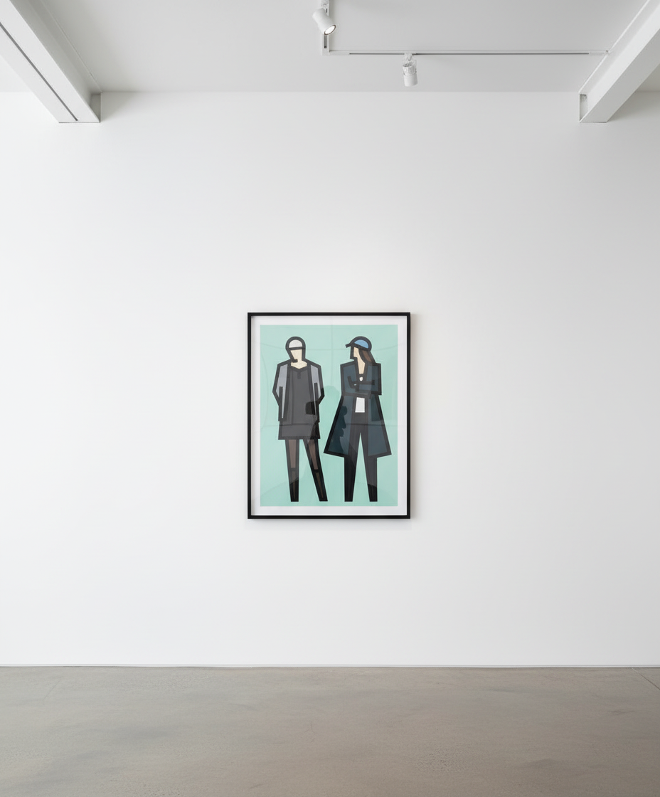 Julian Opie - Standing Couples 3, 2024, Reliefs with collage on archival Museum Boards, presented in sprayed white frames ...