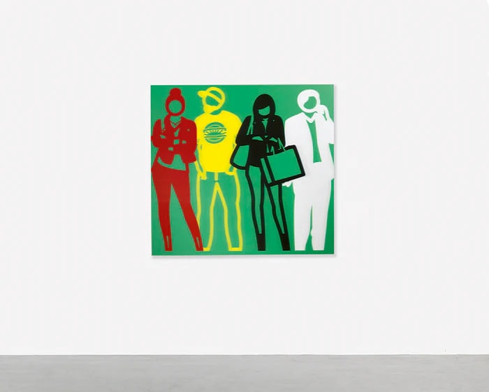 Julian Opie - Standing People (Red, Yellow, Black, White), 2019, Lenticular acrylic panels mounted onto white acrylic