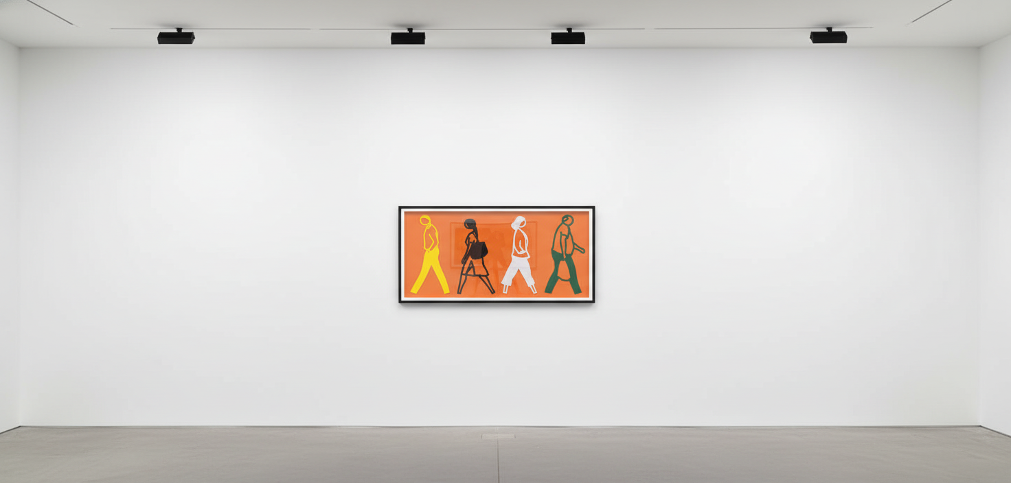 Julian Opie - Street 1, 2020, Laser - cut museum board relief , presented in a sprayed white frame specified by the artist