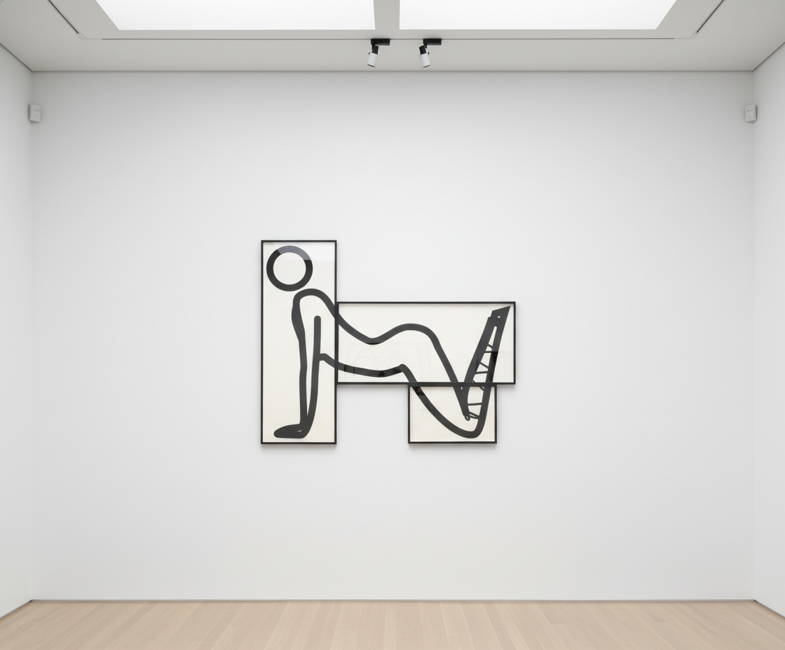 Julian Opie - This Is Shahnoza (In 3 Parts) No. 7, 2008, Three panels with flocking adhesive screenprinted on to 3 mm whit...