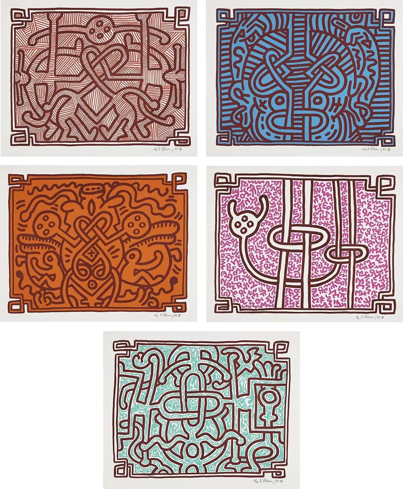 Keith Haring - Chocolate Buddha (Littmann PP. 122-125), 1989, The complete set of five lithographs