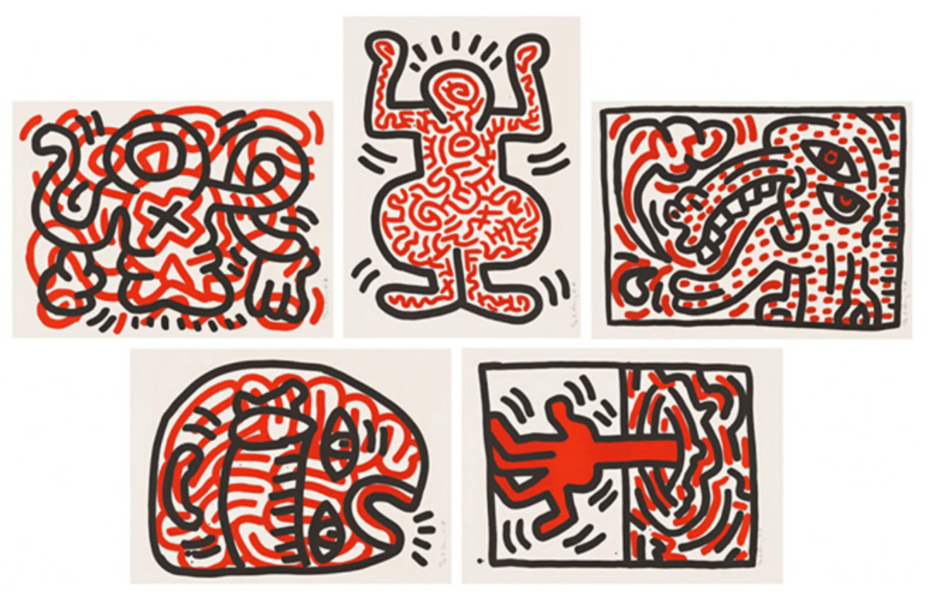 Keith Haring - Ludo 1-5 (Littmann PP. 44 - 47), 1985, The complete set of five matching lithographs