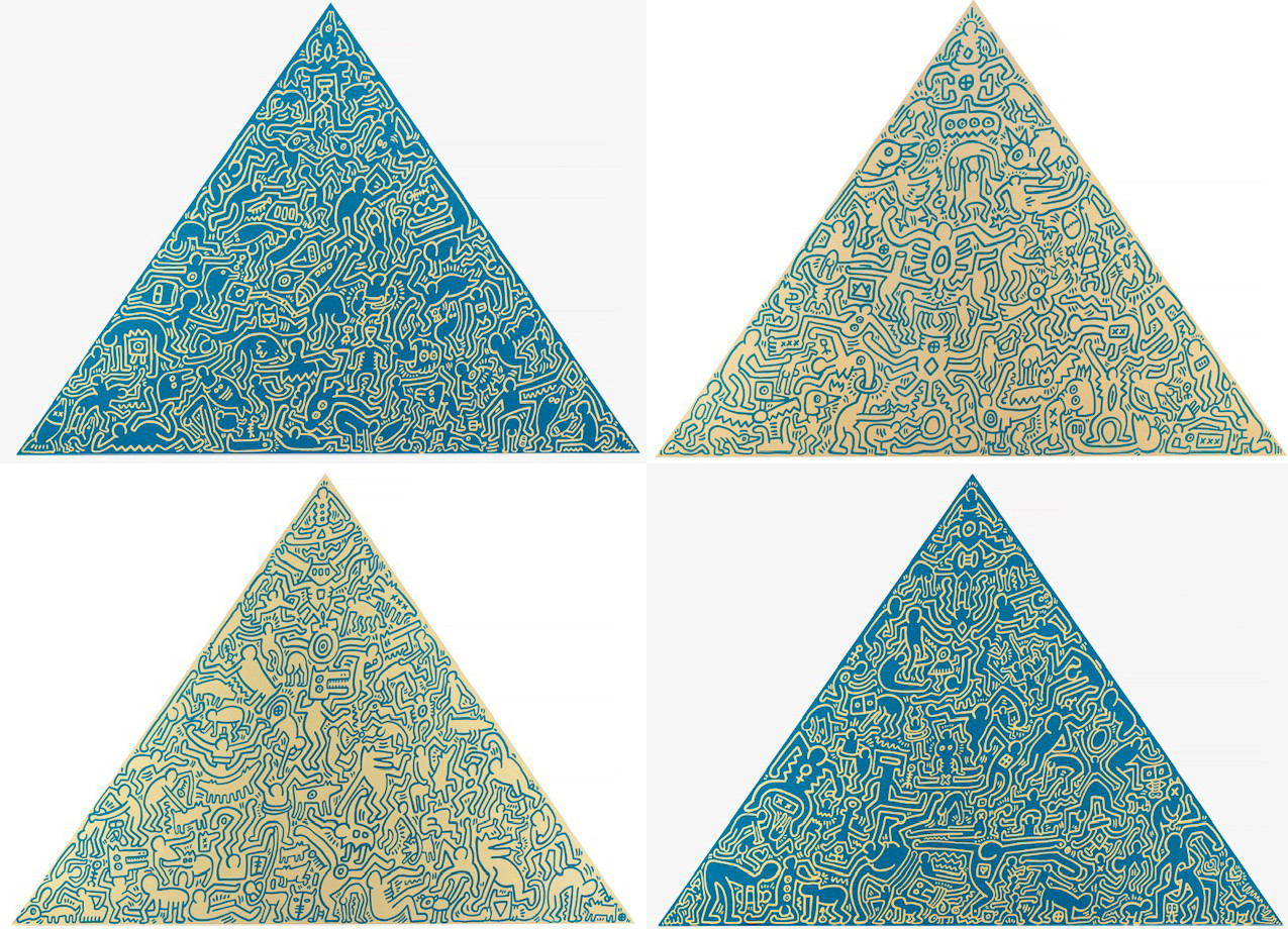 Keith Haring - Pyramids, 1989, Set of four silkscreens on anodized aluminum plates