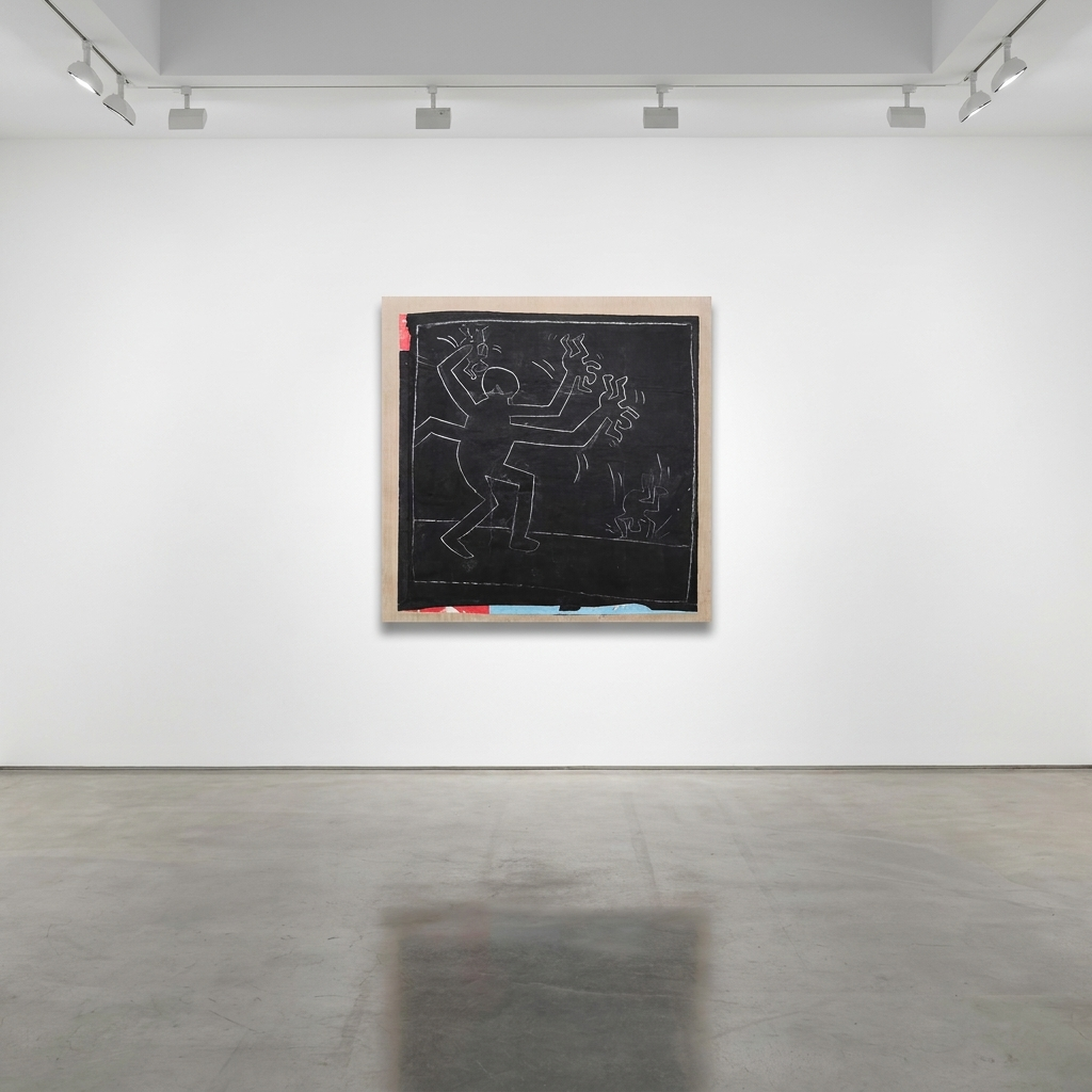 Keith Haring - Untitled (Growing), 1982, White chalk on black matte subway advertising paper, with underlying fragments of...