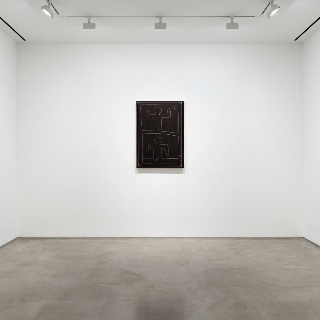 Keith Haring - Untitled (Aerobics), 1981, White chalk on black matte subway advertising paper affixed to jute canvas, moun...