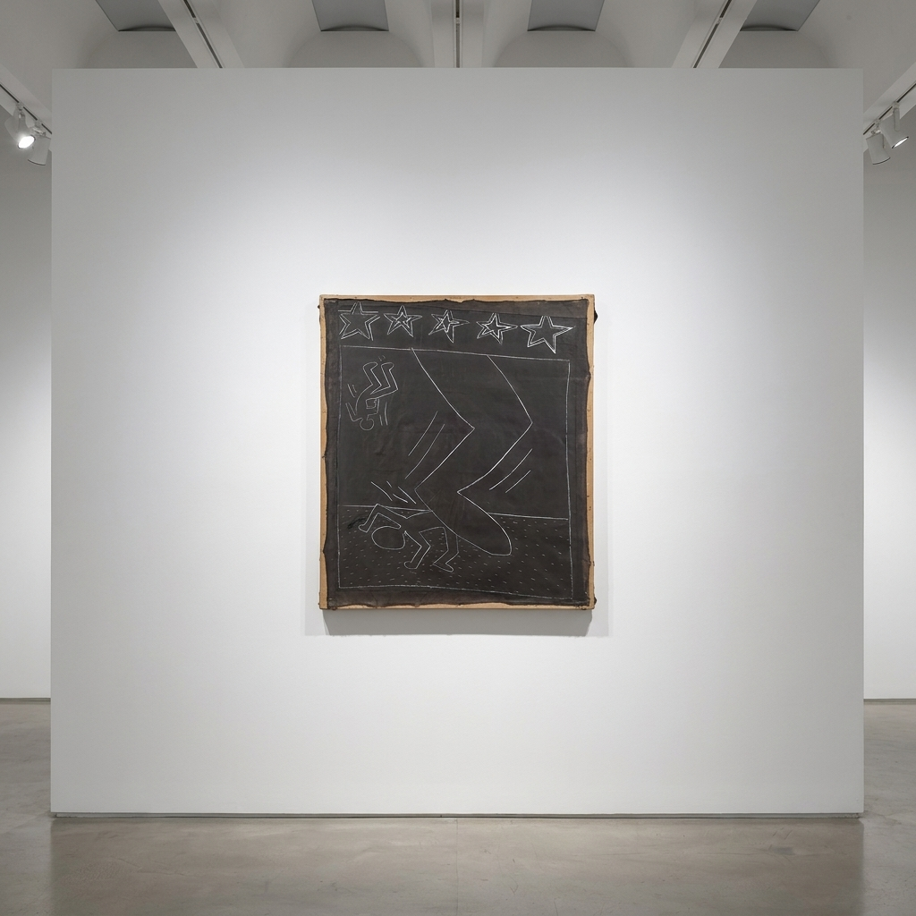 Keith Haring - Untitled (American Power), 1982, White chalk on black matte subway advertising paper, affixed to jute canva...