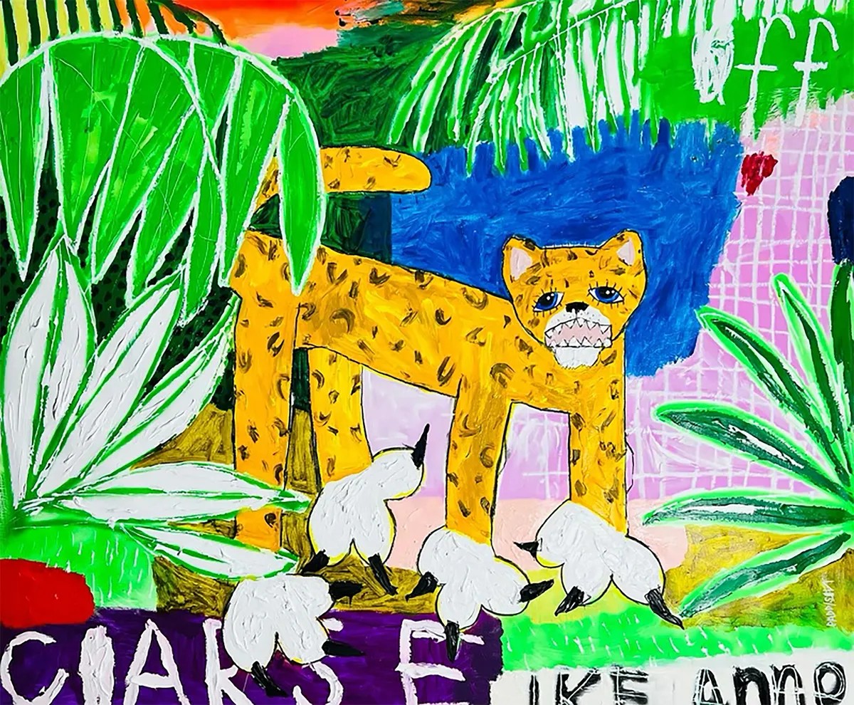 Nathan Paddison - Cheetah, 2022, Oil stick, matte vinyl acrylic spray paint, charcoal, and pencil on canvas