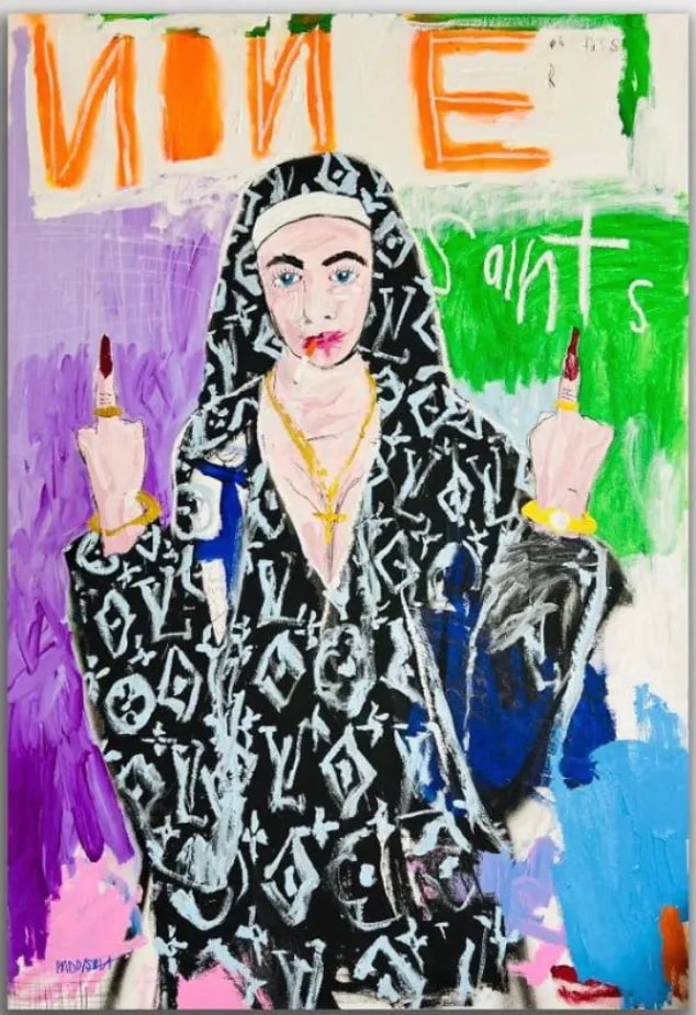 Nathan Paddison - None oh Fuss R Saints, 2022, Oil stick matte vinyl acrylic spray paint charcoal and pencil on canvas