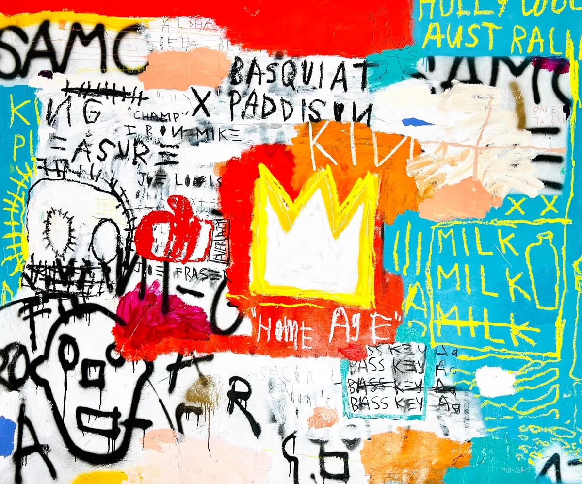 Nathan Paddison - REEL Fake Bass Quay Aye, 2024, Oil stick acrylic, spray, paint, charcoal pencil, and crayon on canvas