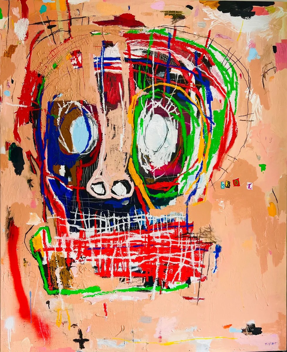 Nathan Paddison - S K O L, 2024, Oil stick, acrylic, spray, paint, charcoal, pencil, collage, on canvas