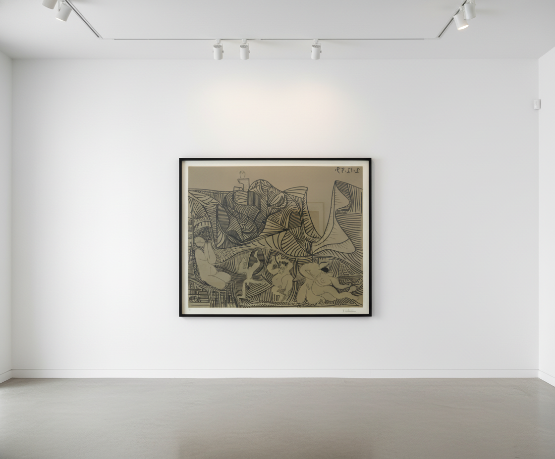 Pablo Picasso - Bacchanale au Hibou (bloch 938), 1959, Linocut printed in taupe and black
Signed in pencil