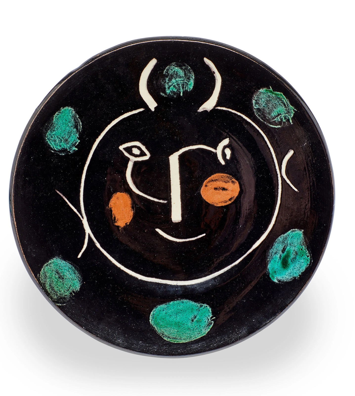 Pablo Picasso - Service visage noir, 1948, Madoura ceramic round dish of white earthenware clay, engobe decoration, knife ...