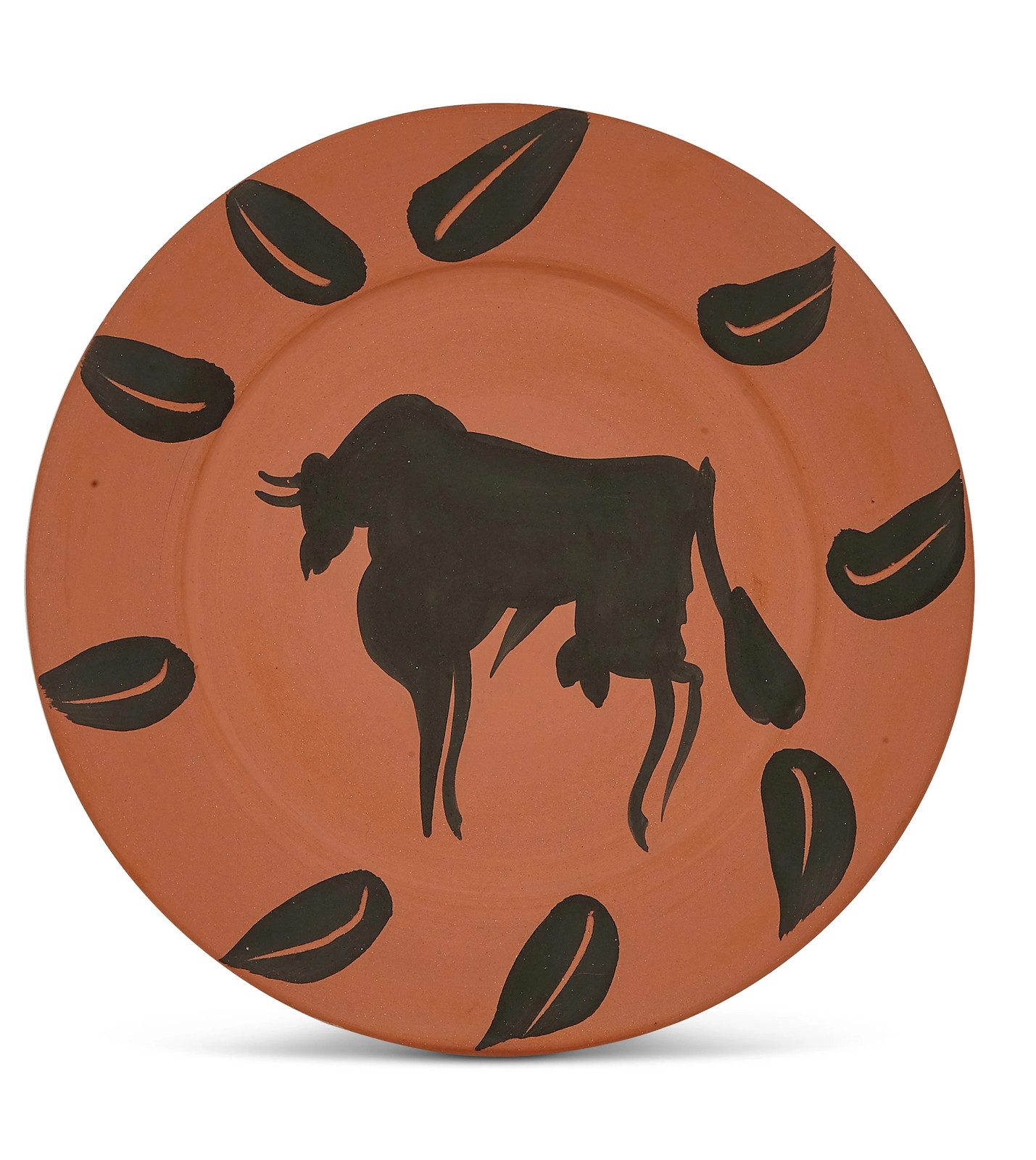Pablo Picasso - Taureau, marli aux feuilles, 1957, Red earthenware round plate painted in black and engravedIncised with n...