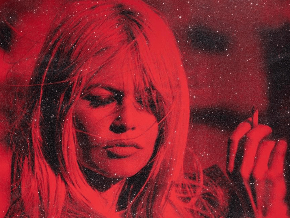 Russell Young - Bardot Thunder in Candy Red, 2023, Acrylic paint and enamel screen print with diamond dust on linen