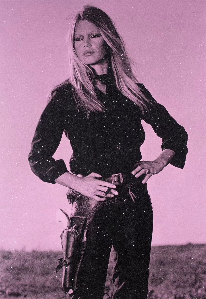 Russell Young - Brigitte Bardot Cowgirl Pink, 2023, Acrylic paint and enamel screen print with diamond dust on linen