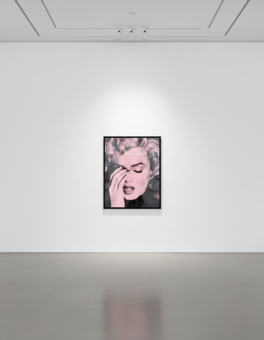 Russell Young - Marilyn Crying Pink Small, 2019, Acrylic paint, enamel and diamond dust screen print on linen in Pink