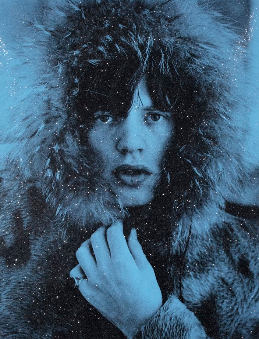 Russell Young - Mick Jagger Fur Parka Blue, 2023, Acrylic paint and enamel screen print with diamond dust on linen