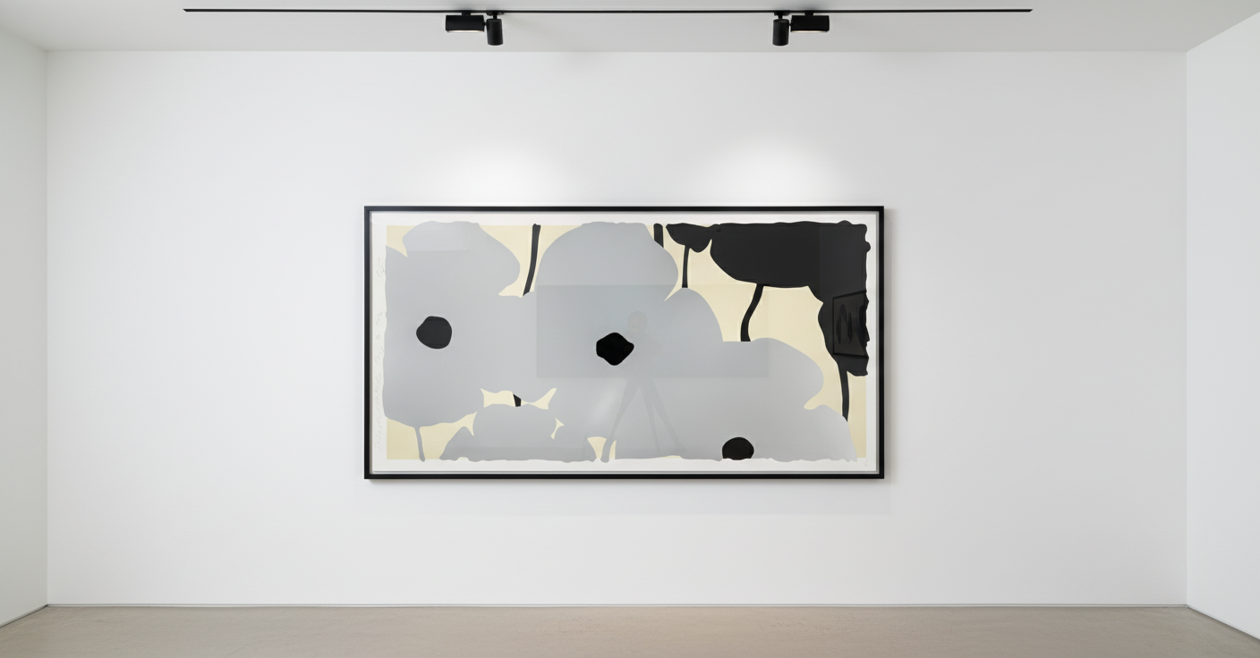 Donald Sultan - Silvers and Blacks, 2020, Silkscreen with enamel inks, flocking, and tar- like texture on Rising 4-ply Mus...