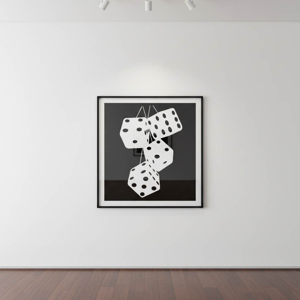 Donald Sultan - White Fuzzy Dice, Nov 9, 2017, Silkscreen inks with flocking on Rising (white) 2-ply museum board