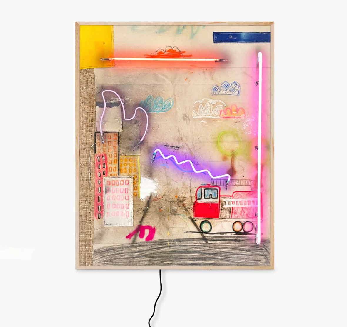 Vincent Chung - Making Trouble, 2022, Acrylic, spray paint, oil sticks, chalk pastel, dirt, vintage jeans and neon on sewn...