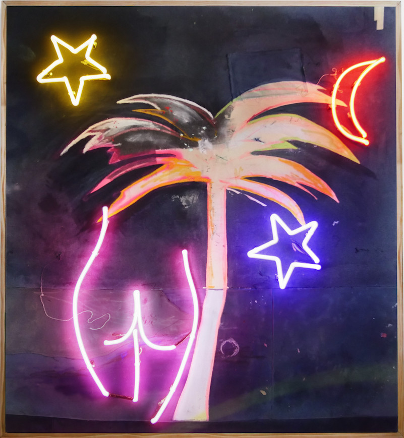 Vincent Chung - Night Was Young, 2020, Acrylic, coconut oil, oil sticks, dirt, spray paint, tape & neon on sewn canvas