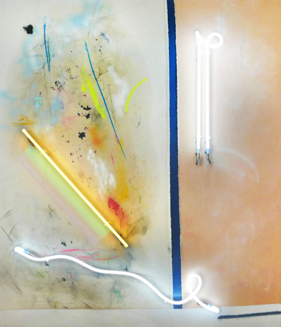 Vincent Chung - On The Run, 2018, Acrylic, dirt, pastel, pen, spray paint, olive oil, neon on sewn canvas