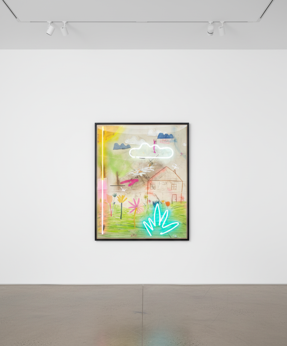 Vincent Chung - Pulling Like The Tide, 2022, Acrylic, spray paint, oil sticks, chalk pastel, dirt, vintage jeans and neon ...