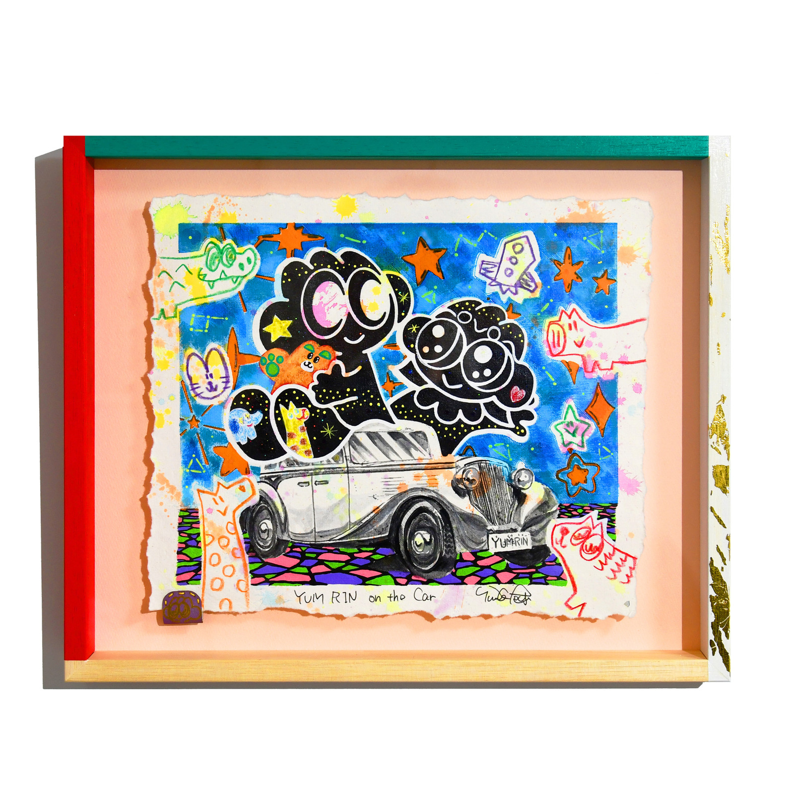 Yusuke Toda - YUM RIN on the Car, 2025, Mixed media on U.S. cotton paper, 
framed with an original frame.